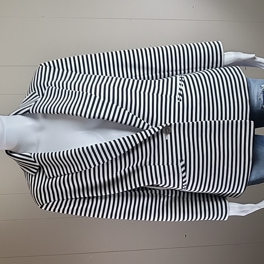 Anne Klein Black & White Stripe Notched Lapel Single Button Jacket Blazer Size M
